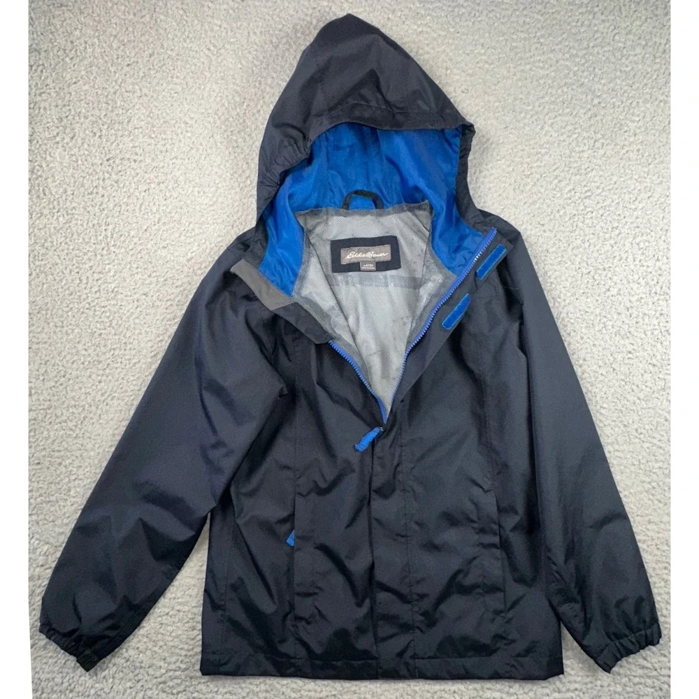 Eddie Bauer Watertight Rain Jacket Kid L 12 Navy Blue Hooded Lightweight Outdoor